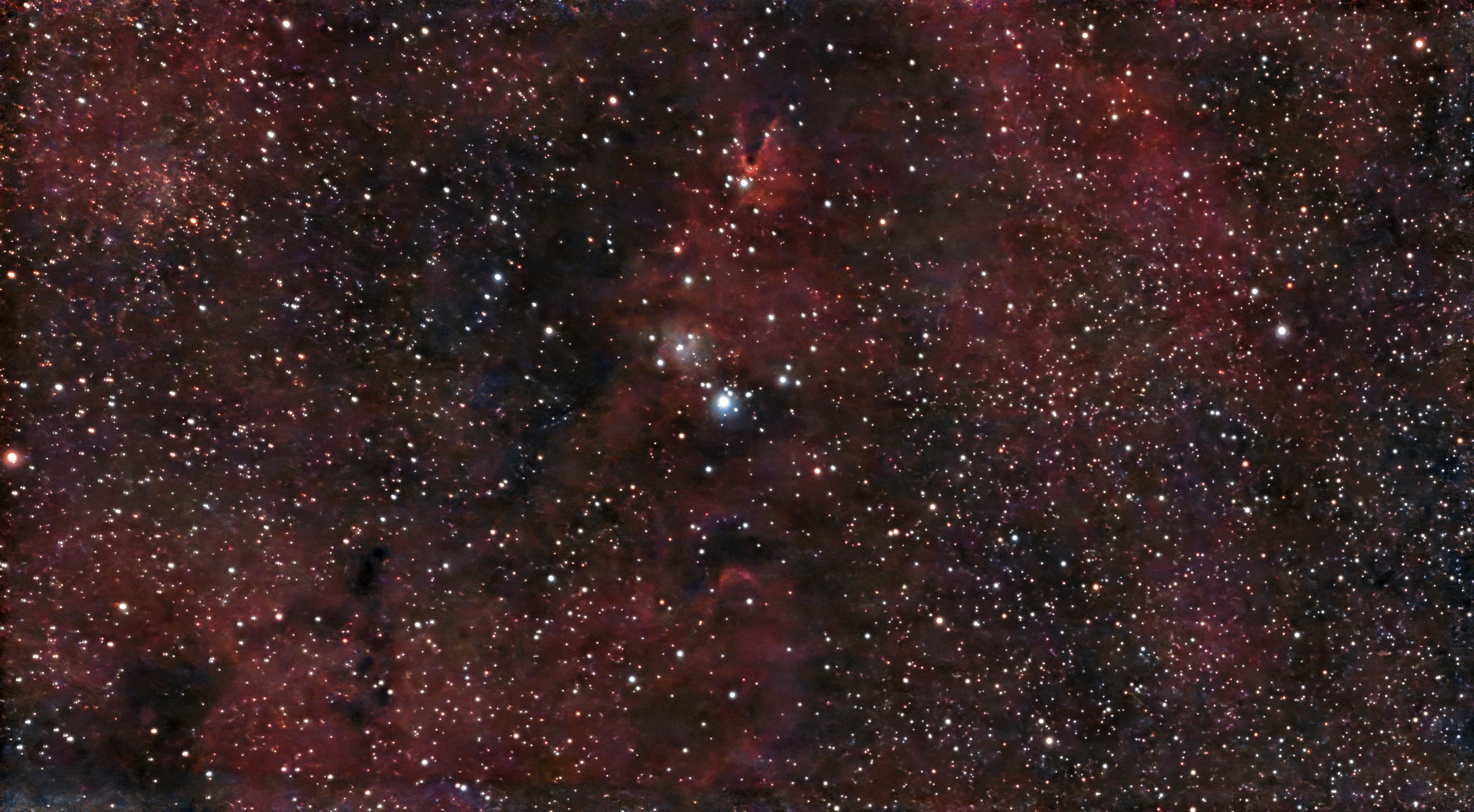 广角与细节兼备的NGC 2264区域，包含红色的氢离子发射区域与暗色彩的尘埃结构